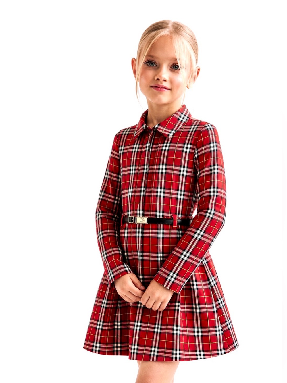 BURBERRY LONDON ICONIC RED NOVA CHECK LONG SLEEVE BELTED MINI PLEATED DRESS